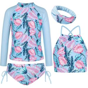GRACE KARIN Girls Swimsuit Tankini Set Rash Guard Long Sleeve Swimsuit 4 Piece Bathing Suit Swimwear 5-14Y(Light Blue Leaves)