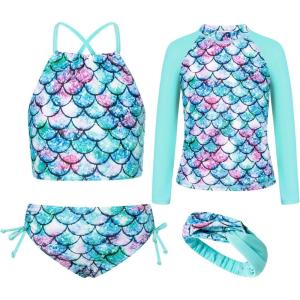 GRACE KARIN Girls Swimsuit Tankini Set Rash Guard Long Sleeve Swimsuit 4 Piece Bathing Suit Swimwear 5-14Y(Light Green Memaid)
