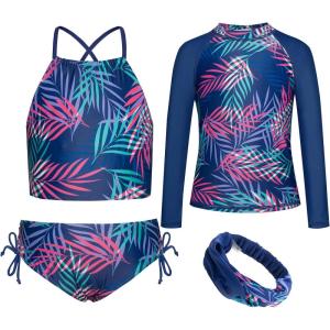 GRACE KARIN Girls Swimsuit Tankini Set Rash Guard Long Sleeve Swimsuit 4 Piece Bathing Suit Swimwear 5-14Y(Navy Blue Leaves)