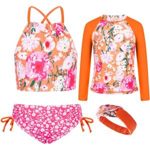GRACE KARIN Girls Swimsuit Tankini Set Rash Guard Long Sleeve Swimsuit 4 Piece Bathing Suit Swimwear 5-14Y(Orange Floral)