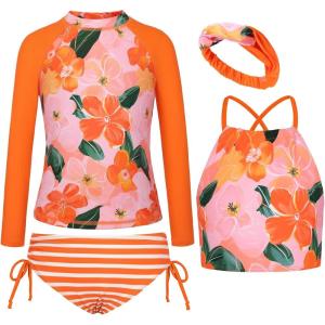 GRACE KARIN Girls Swimsuit Tankini Set Rash Guard Long Sleeve Swimsuit 4 Piece Bathing Suit Swimwear 5-14Y(Orange Stripe)