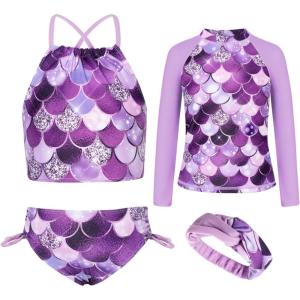 GRACE KARIN Girls Swimsuit Tankini Set Rash Guard Long Sleeve Swimsuit 4 Piece Bathing Suit Swimwear 5-14Y(Purple Memaid)