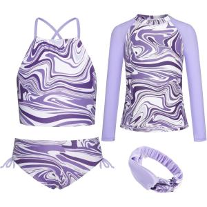 GRACE KARIN Girls Swimsuit Tankini Set Rash Guard Long Sleeve Swimsuit 4 Piece Bathing Suit Swimwear 5-14Y(Purple Print)
