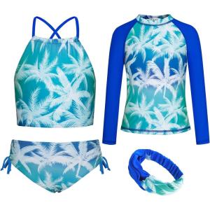 GRACE KARIN Girls Swimsuit Tankini Set Rash Guard Long Sleeve Swimsuit 4 Piece Bathing Suit Swimwear 5-14Y(Royal Blue Coconut Tree)