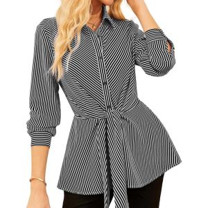 GRACE KARIN Peplum Tops for Women Tie Front Striped Button Down Shirt Collared Long Sleeve Business Casual Work Office Blouse(Black)