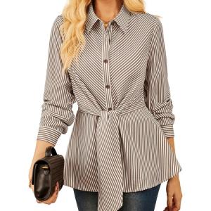 GRACE KARIN Peplum Tops for Women Tie Front Striped Button Down Shirt Collared Long Sleeve Business Casual Work Office Blouse(Brown)