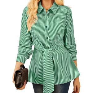 GRACE KARIN Peplum Tops for Women Tie Front Striped Button Down Shirt Collared Long Sleeve Business Casual Work Office Blouse(Green)