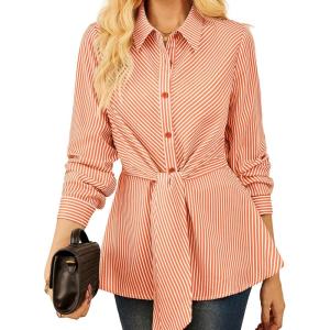 GRACE KARIN Peplum Tops for Women Tie Front Striped Button Down Shirt Collared Long Sleeve Business Casual Work Office Blouse(Orange)