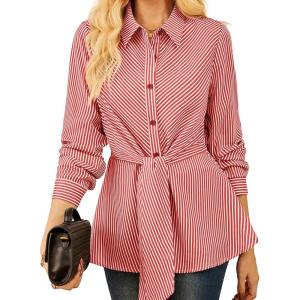 GRACE KARIN Peplum Tops for Women Tie Front Striped Button Down Shirt Collared Long Sleeve Business Casual Work Office Blouse(Red)