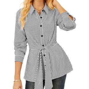 GRACE KARIN Peplum Tops for Women Tie Front Striped Button Down Shirt Collared Long Sleeve Business Casual Work Office Blouse(White)