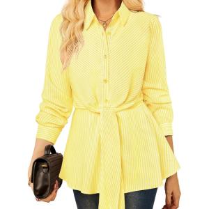 GRACE KARIN Peplum Tops for Women Tie Front Striped Button Down Shirt Collared Long Sleeve Business Casual Work Office Blouse(Yellow)
