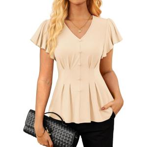 GRACE KARIN Summer Blouses for Women Dressy Casual, 2026 Ruffle Sleeve Peplum Tops, V Neck Business Work Shirts(Apricot)