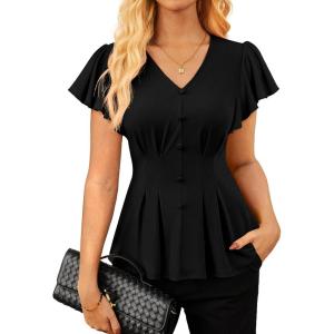 GRACE KARIN Summer Blouses for Women Dressy Casual, 2026 Ruffle Sleeve Peplum Tops, V Neck Business Work Shirts(Black)