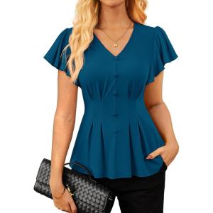 GRACE KARIN Summer Blouses for Women Dressy Casual, 2026 Ruffle Sleeve Peplum Tops, V Neck Business Work Shirts(Blue)