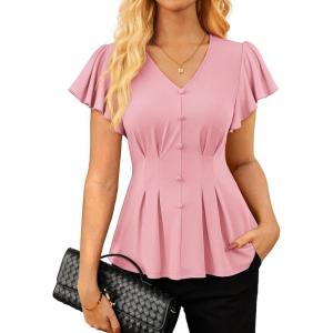 GRACE KARIN Summer Blouses for Women Dressy Casual, 2026 Ruffle Sleeve Peplum Tops, V Neck Business Work Shirts(Pink)