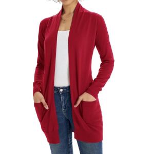 GRACE KARIN Women Lightweight Cardigan Sweaters with Pocket Long Sleeve Shrugs(Crimson Red)