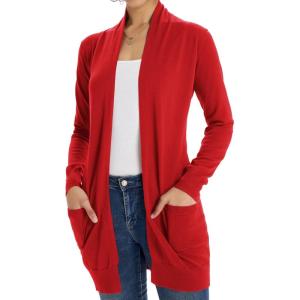 GRACE KARIN Women Lightweight Cardigan Sweaters with Pocket Long Sleeve Shrugs(Red)