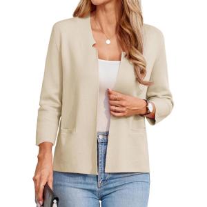 GRACE KARIN Women Sweater Blazer 3/4 Sleeve Cropped Cardigan Lightweight Notch Collar Knit Blazer Jacket Business Casual(Beige)