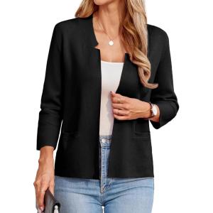 GRACE KARIN Women Sweater Blazer 3/4 Sleeve Cropped Cardigan Lightweight Notch Collar Knit Blazer Jacket Business Casual(Black)