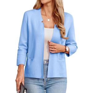 GRACE KARIN Women Sweater Blazer 3/4 Sleeve Cropped Cardigan Lightweight Notch Collar Knit Blazer Jacket Business Casual(Blue)
