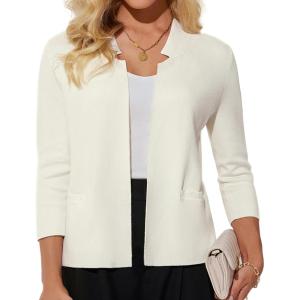 GRACE KARIN Women Sweater Blazer 3/4 Sleeve Cropped Cardigan Lightweight Notch Collar Knit Blazer Jacket Business Casual(Ivory White)