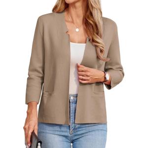 GRACE KARIN Women Sweater Blazer 3/4 Sleeve Cropped Cardigan Lightweight Notch Collar Knit Blazer Jacket Business Casual(Khaki)