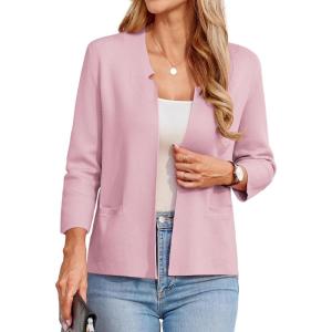 GRACE KARIN Women Sweater Blazer 3/4 Sleeve Cropped Cardigan Lightweight Notch Collar Knit Blazer Jacket Business Casual(Light Pink)
