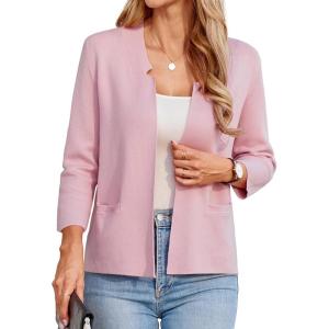 GRACE KARIN Women Sweater Blazer 3/4 Sleeve Cropped Cardigan Lightweight Notch Collar Knit Blazer Jacket Business Casual(Pink)