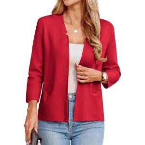 GRACE KARIN Women Sweater Blazer 3/4 Sleeve Cropped Cardigan Lightweight Notch Collar Knit Blazer Jacket Business Casual(Red)