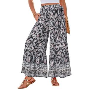 GRACE KARIN Women’s 2026 Summer Wide Leg Palazzo Pants Elastic High Waisted Boho Casual Flowy Beach Pants with Pockets(Black Floral)