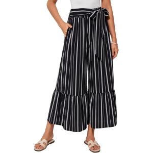 GRACE KARIN Women’s 2026 Summer Wide Leg Palazzo Pants Elastic High Waisted Boho Casual Flowy Beach Pants with Pockets(Black Striped)