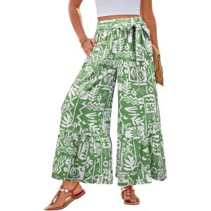 GRACE KARIN Women’s 2026 Summer Wide Leg Palazzo Pants Elastic High Waisted Boho Casual Flowy Beach Pants with Pockets(Green Floral)