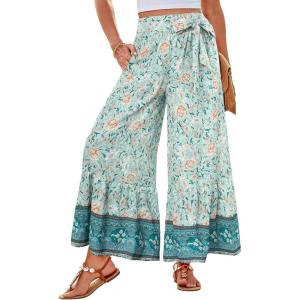 GRACE KARIN Women’s 2026 Summer Wide Leg Palazzo Pants Elastic High Waisted Boho Casual Flowy Beach Pants with Pockets(Mint Floral)