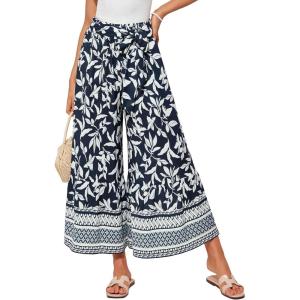 GRACE KARIN Women’s 2026 Summer Wide Leg Palazzo Pants Elastic High Waisted Boho Casual Flowy Beach Pants with Pockets(Navy Floral)