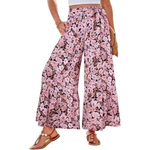 GRACE KARIN Women’s 2026 Summer Wide Leg Palazzo Pants Elastic High Waisted Boho Casual Flowy Beach Pants with Pockets(Pink Floral)