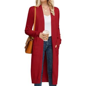 GRACE KARIN Women’s 2026 Trendy Long Cardigans Sweater Lightweight Open Front Long Sleeve Maxi Duster Coats with Pockets(Deep Red)
