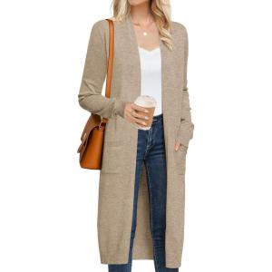 GRACE KARIN Women’s 2026 Trendy Long Cardigans Sweater Lightweight Open Front Long Sleeve Maxi Duster Coats with Pockets(Khaki)