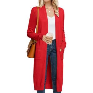 GRACE KARIN Women’s 2026 Trendy Long Cardigans Sweater Lightweight Open Front Long Sleeve Maxi Duster Coats with Pockets(Red)