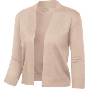 GRACE KARIN Women’s 3/4 Sleeve Knit Cropped Cardigan Sweaters Open Front Bolero Shrugs Sweater Tops S-3XL(Tan)