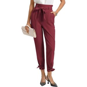 GRACE KARIN Womens Casual High Waist Pencil Pants with Pockets Bow-Knot Cropped Paper Bag Pants for Work(Wine)