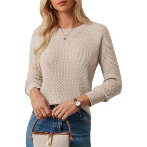 GRACE KARIN Women’s Fall Knit Sweater Top, Long Sleeve Merino Wool Blend Pullover, Casual Crewneck Waffle Clothes 2025(Apricot)