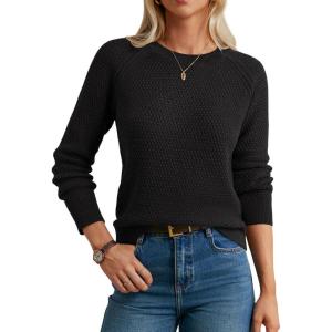GRACE KARIN Women’s Fall Knit Sweater Top, Long Sleeve Merino Wool Blend Pullover, Casual Crewneck Waffle Clothes 2025(Black)