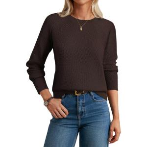 GRACE KARIN Women’s Fall Knit Sweater Top, Long Sleeve Merino Wool Blend Pullover, Casual Crewneck Waffle Clothes 2025(Deep Brown)