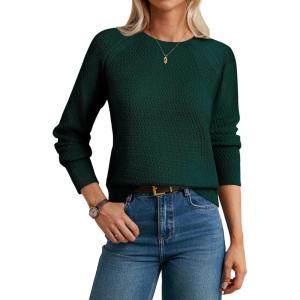 GRACE KARIN Women’s Fall Knit Sweater Top, Long Sleeve Merino Wool Blend Pullover, Casual Crewneck Waffle Clothes 2025(Green)