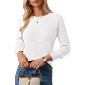 GRACE KARIN Women’s Fall Knit Sweater Top, Long Sleeve Merino Wool Blend Pullover, Casual Crewneck Waffle Clothes 2025(White)