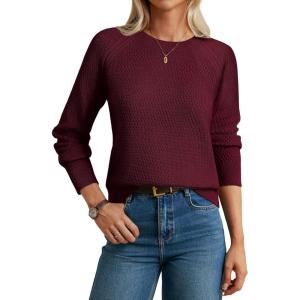 GRACE KARIN Women’s Fall Knit Sweater Top, Long Sleeve Merino Wool Blend Pullover, Casual Crewneck Waffle Clothes 2025(Wine Red)