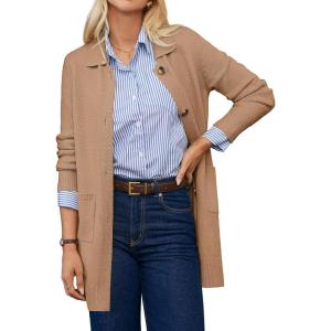 GRACE KARIN Women’s Fall Long Cardigan Sweaters with Pockets, Button Knit Blazer Trendy, Open Front Dressy Casual Jacket(Camel)