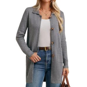 GRACE KARIN Women’s Fall Long Cardigan Sweaters with Pockets, Button Knit Blazer Trendy, Open Front Dressy Casual Jacket(Gray)