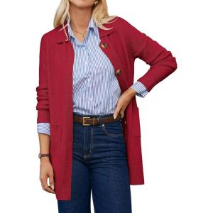 GRACE KARIN Women’s Fall Long Cardigan Sweaters with Pockets, Button Knit Blazer Trendy, Open Front Dressy Casual Jacket(Red)