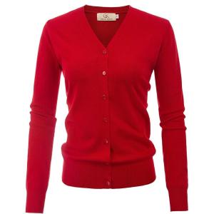 GRACE KARIN Women’s Long Sleeve Button Down Vee Neck Classic Sweater Knit Cardigan(Classic Red)